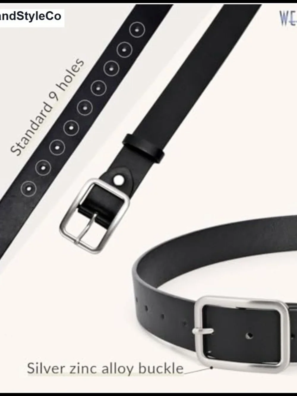 Women's Faux Leather Belt with Square Silver Buckle, 1.3 Inch Width, Adjustable